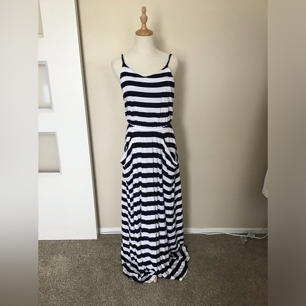 Navy blue and white striped dress